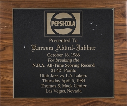 1988 Pepsi-Cola Plaque Award Presented To Kareem Abdul-Jabbar For Breaking The NBA All-Time Scoring Record 31,421 (Abdul-Jabbar LOA)